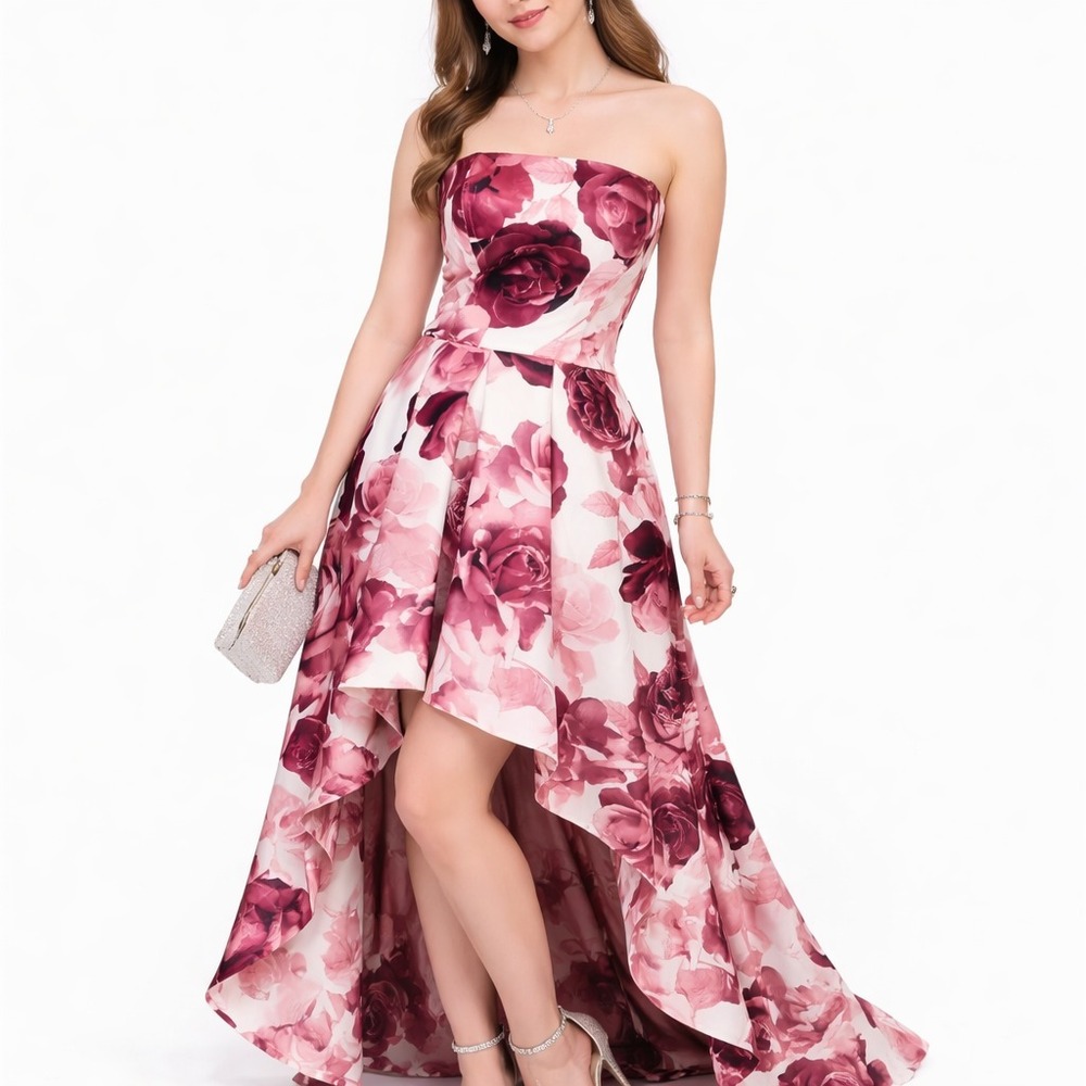 SPEECHLESS Size 11 Rose Floral High Low Satin Strapless Pleated Formal Dress EUC